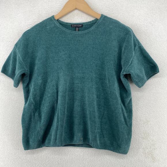 EILEEN FISHER Sweater XS Organic Cotton Chenille Short Sleeve Boxy Green - Picture 1 of 12